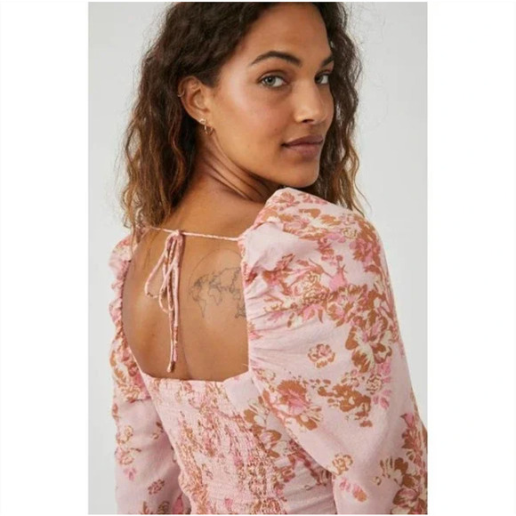 Free People NWT Floral Hilary Puff Sleeve Square Neck Top Pink Small OB1569574 - Picture 4 of 11
